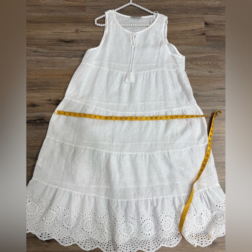 Valentina Naldi White Linen Dress L Made in Italy Boho Tiered Eyelet Midi - Picture 11 of 11